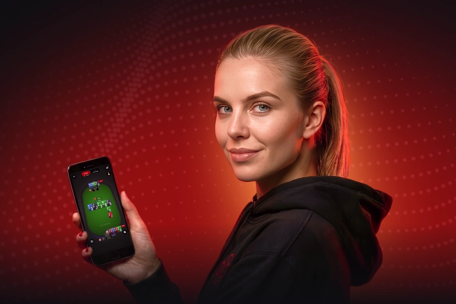 Anonymous sign-up illustration showing a phone with the mobile casino on a red background